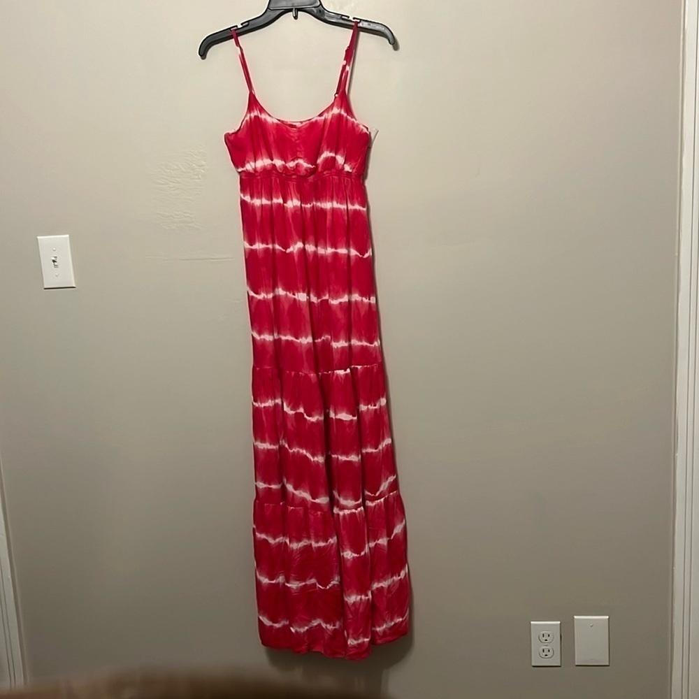 Aeropostale Dress Womens Small Pink Tie Dye‎ Spaghetti Strap V Neck Rayon Maxi